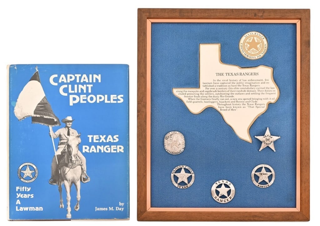 Texas Ranger Capt. Clint Peoples Badge Display: From Clint Peoples personal collection which was once displayed at the Texas Rangers Hall of Fame. 5 Texas Ranger badges, all mounted to board and framed. Includes Captain Clint Peoples Texas Ranger