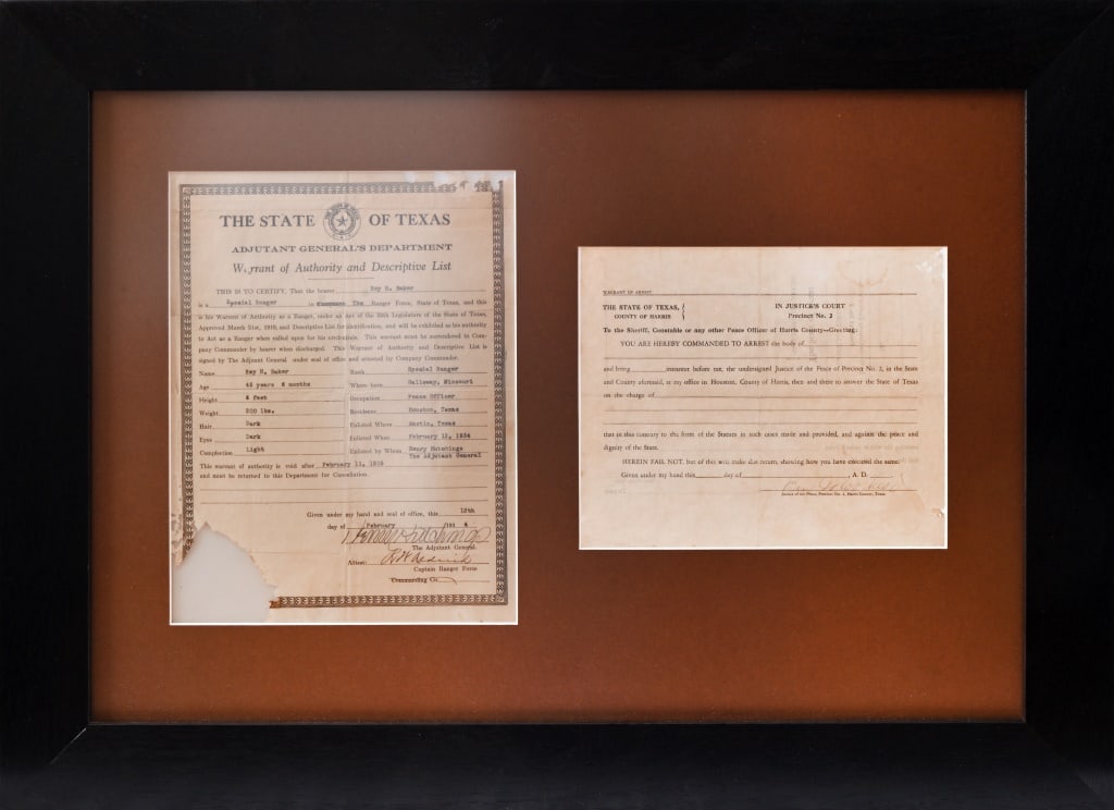 1934 Texas Ranger Oath & Arrest Warrant: Dated February 12, 1934. Certifies Roy H. Baker as a Special Ranger in the State of Texas Ranger Force. Signed by The Adjutant General of Texas Henry Hutchings. Also signed by Texas Ranger Roy