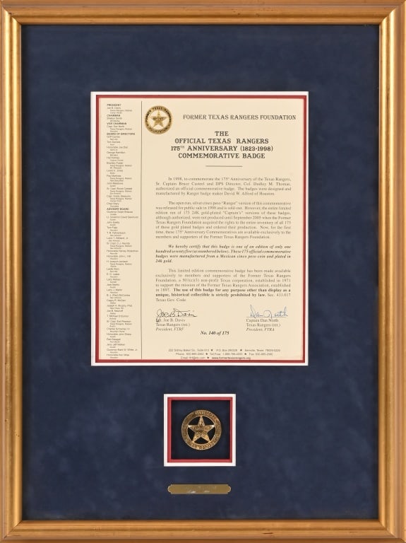 Texas Ranger 175th Anniversary Badge 140 of 175: Commemorating the 175th anniversary of the Texas Rangers (1823-1998). 24k gold plated Texas Ranger badge, number 140 of 175 produced, hand cut from Mexican Cinco Peso that comes with affidavit from Fo