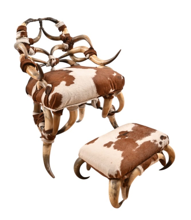 Antique Horn & Cowhide Chair with Foot Rest: Chair 24" wide x 21" deep x 35" tall. Foot Rest: 17-1/2" wide x 13" deep x 8.5" tall. IN PERSON PICKUP/TRANSPORT RECOMMENDED.