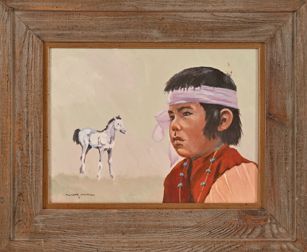 Jack White Navajo Child Original Oil Painting: Oil on canvas, depicting Navajo child with pony in background. Signed lower LH corner. Frame measures 23" x 18 3/4". Image measures 16" x 12". Jack White (1933-2016) a sixth generation Texan, great