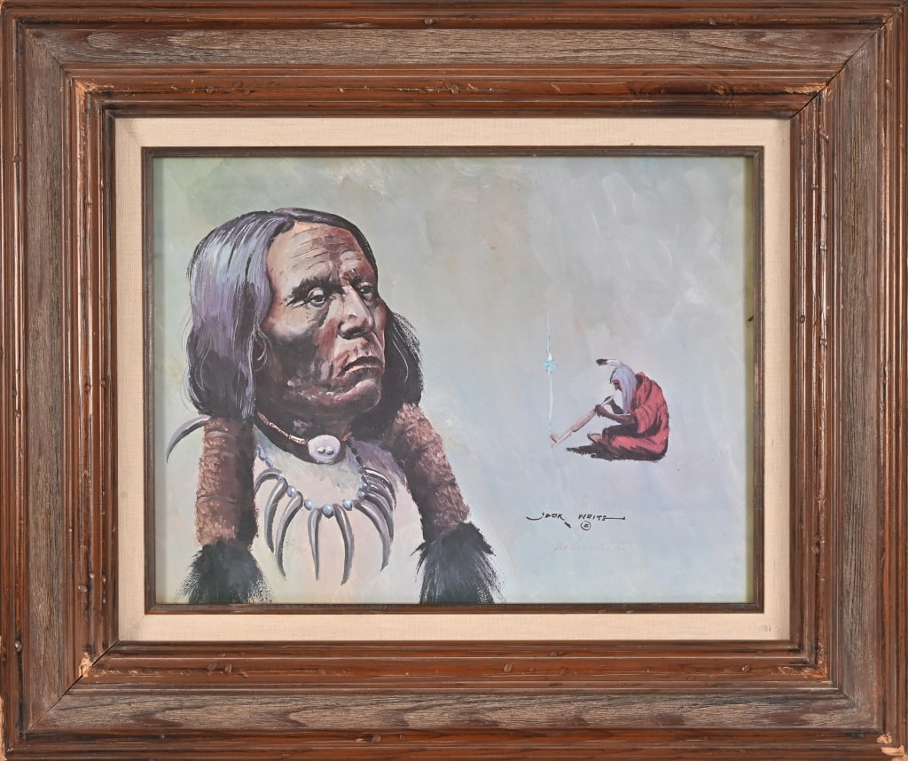 Crazy Bull Arapahoe Chief LE Print By Jack White: Framed print, behind glass. Frame measures 24" x 20". Image measures 15 3/4" x 11 3/4". Jack White (1933-2016) a sixth generation Texan, great grandson of famous Texas Ranger Ben McGee and great,