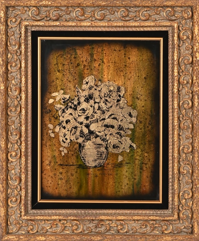 Jack White Texas Bouquet Gold Leaf Painting: Original Echruseos (gold leaf) art. Signed lower middle of image. Frame measures 19 1/4" x 23 1/4", image measures 11 1/2" x 15 1/2". Jack White invented the process of Echruseos (gold leaf) art in