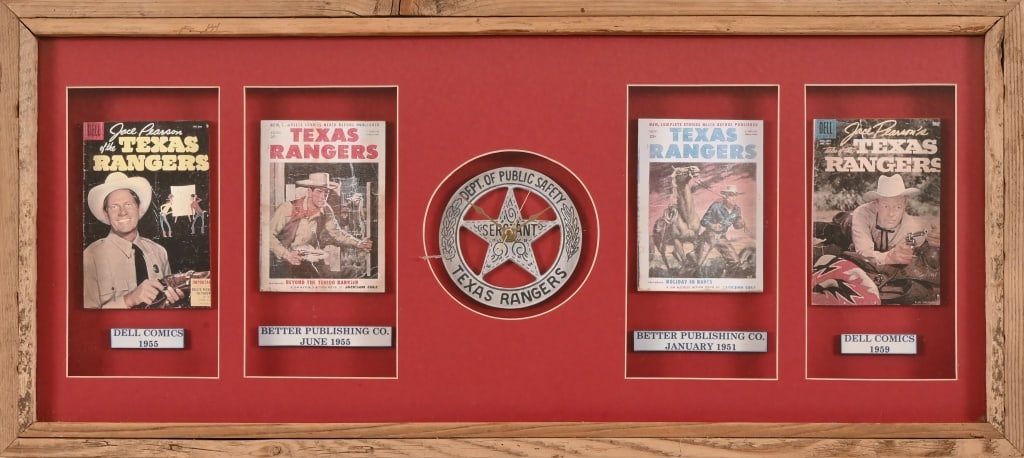 Texas Rangers Mini Comic Books And Clock: 1955-1959. 4 miniature comic books with a Texas Rangers clock in the center, displayed nicely in a matted shadow box frame behind glass. Two of the books a re titled "Jace Pearson's Tales of the