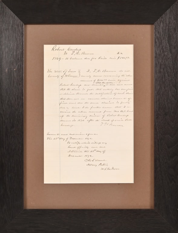 1872 McLennan County Texas Court Document: For a balance due ($140.00) on an account after the named person had passed away. Dated December 23, 1872. Framed behind glass. Frame measures 15 3/4" x 20 1/2". Image measures 7 3/4" x 12".