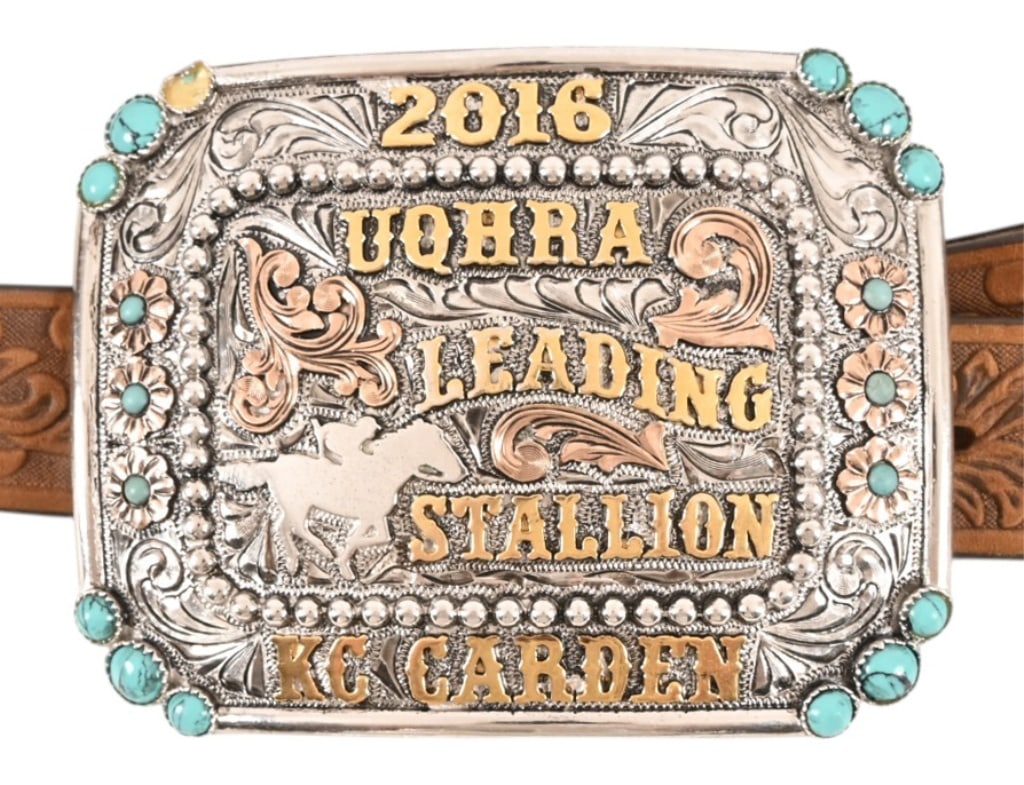 Yellowstone Prop KC Carden Belt Buckle: KC Carden a well known Wyoming Horseman 2016 UQHRA Keading Stallion Belt Buckle used in Yellowstone series