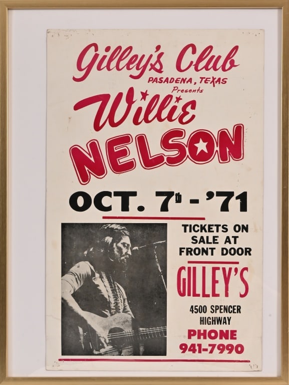 Willie Nelson 1971 Gilley's Poster: 14" x 22". Framed 18.75" x 24.75".