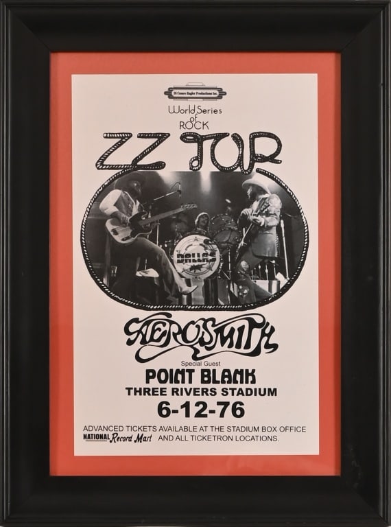 ZZ Top Three Rivers Stadium Poster 1976 Aerosmith: 11" x 17". Framed 17.5" x 23.5".