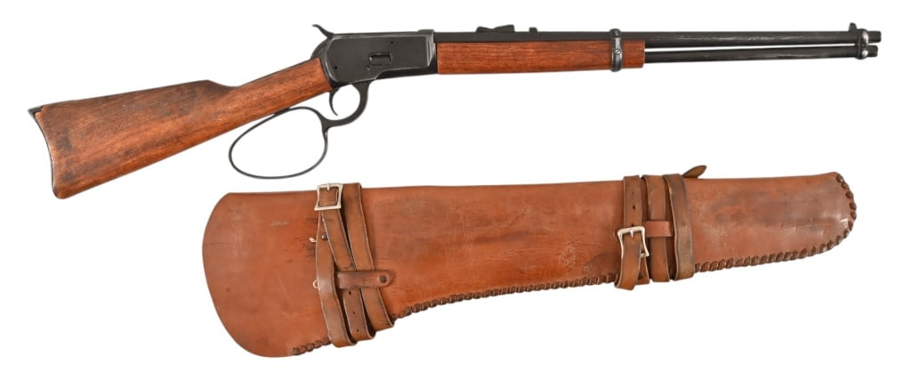 Yellowstone 1923 Winchester 1894 & Tooled Scabbard: Metal prop gun Winchester 1894 in vintage tooled leather scabbard used during the filing of 1923.
