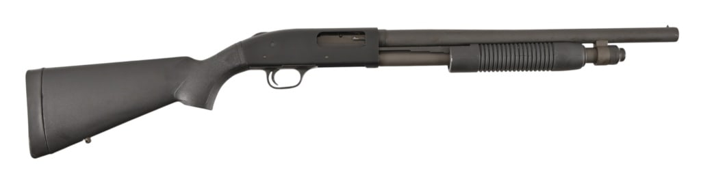 Mossberg M590A1 12 Gauge Shotgun: 18 1/2" barrel, pump action, synthetic stock, 2 3/4" or 3" shells, like new condition. SN: U104274. Modern.