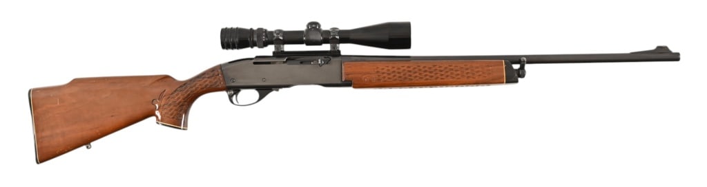 Remington 742 Woodsmaster .30-06 Rifle With Scope: 22" barrel, semi-auto rife, decorative wood stocks, 3x-9x Redfield Tracker scope. Missing magazine. SN: 7035506. Modern.