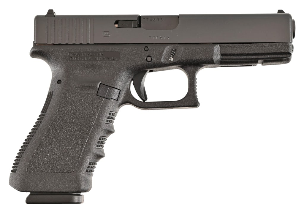 Glock 17 .9mm Semi-Auto Pistol: 4 1/2" barrel, extra mag, thumb saver, in original factory hard case. SN: TTA613. Modern.