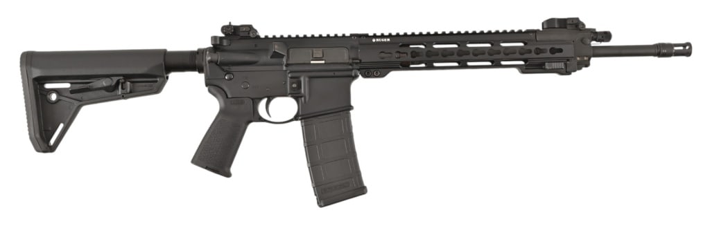 Ruger SR-556 5.56 Rifle: 16" barrel, Ruger flip up front and rear sights, Magpul MOE 6 position adjustable rear stock, Magpul MOE grip with storage compartment, Magpul PMAG magazine. SN: 594-00520. Modern.