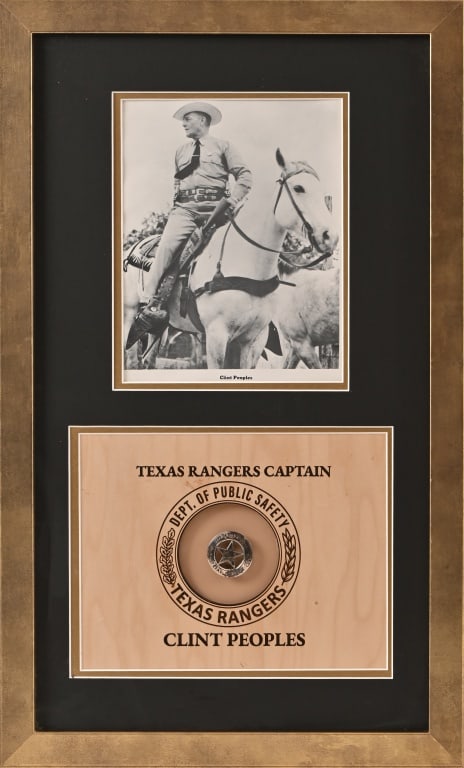 Texas Ranger Captain Clint Peoples Badge: Texas Ranger Captain Clint Peoples’ Texas Ranger badge, nicely framed with photo. Legendary modern Texas Ranger went on to be a US Marshal under Nixon. (born 1910- passed away in 1992 & was inducted