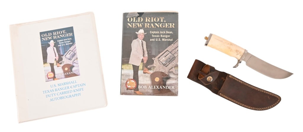 Texas Ranger Jack Dean Bone Handle Knife & Book: Texas Ranger and U.S. Marshal Jack Dean's hunting knife, polished bone handle, with leather sheath. Blade measures 5 1/2" long, overall length 10 3/8" long. Also included is an unopened copy of Jack D