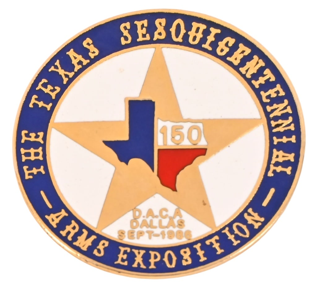 Texas Ranger Jay Banks' Sesquicentennial Badge: The Texas Sesquicentennial Arms Exposition badge. September 12-13-14, 1986. Dallas, Texas. 1.5" diameter. Comes with Texas Rangers Jay Banks Collection booklet.