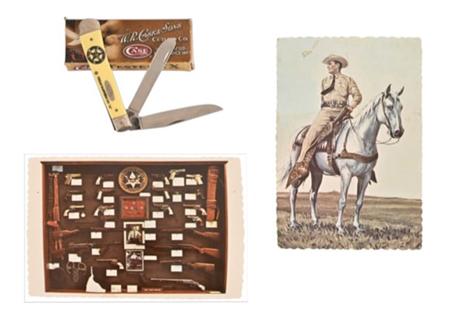 Texas Ranger Co. A Case Pocket Knife: Case Texas Ranger pocket knife in original Case & Sons box. 4" folded .with two 3 1/4" blades. Two vintage Post Cards of Texas Ranger Clint Peoples.