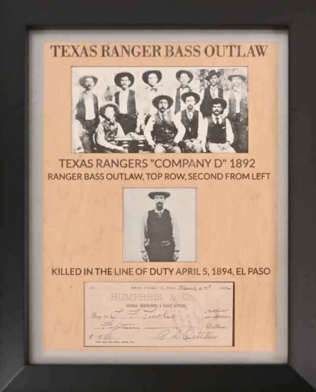 Texas Ranger Bass Outlaw Photo & Signed Check 1892: Framed photo of Texas Rangers "Company D" 1892. Also a Humphris & Co. check signed by Texas Ranger B. (Bass) L. Outlaw. Dated March 2, 1892. Paid to the order of T.F. Tucker for $15.00. Bass was kille