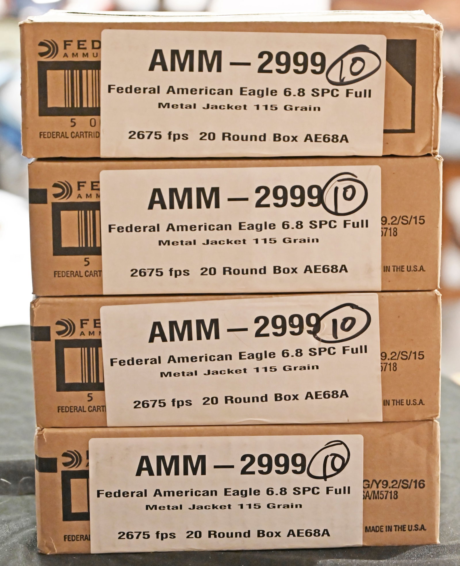 6.8 SPC Federal American Eagle Ammo FMJ 800 Rounds: 4 boxes, 200 rounds (10 x 20 round boxes each) 115 gr FMJ