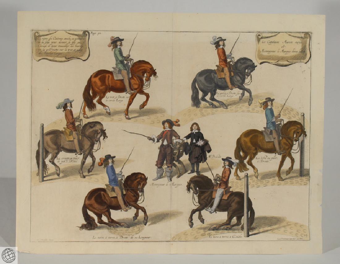 Cavesson Horses NEWCASTLE Duke Cavendish Copper: Details: NEWCASTLE, William Cavendish, Duke of (1592-1676) and Gaspard de SAUNIER. La rÃ©sne du CavÃ¨sson atacke au pomme de la Selle pour donner le plÃ¿ au Cheval et pour travailler les barres