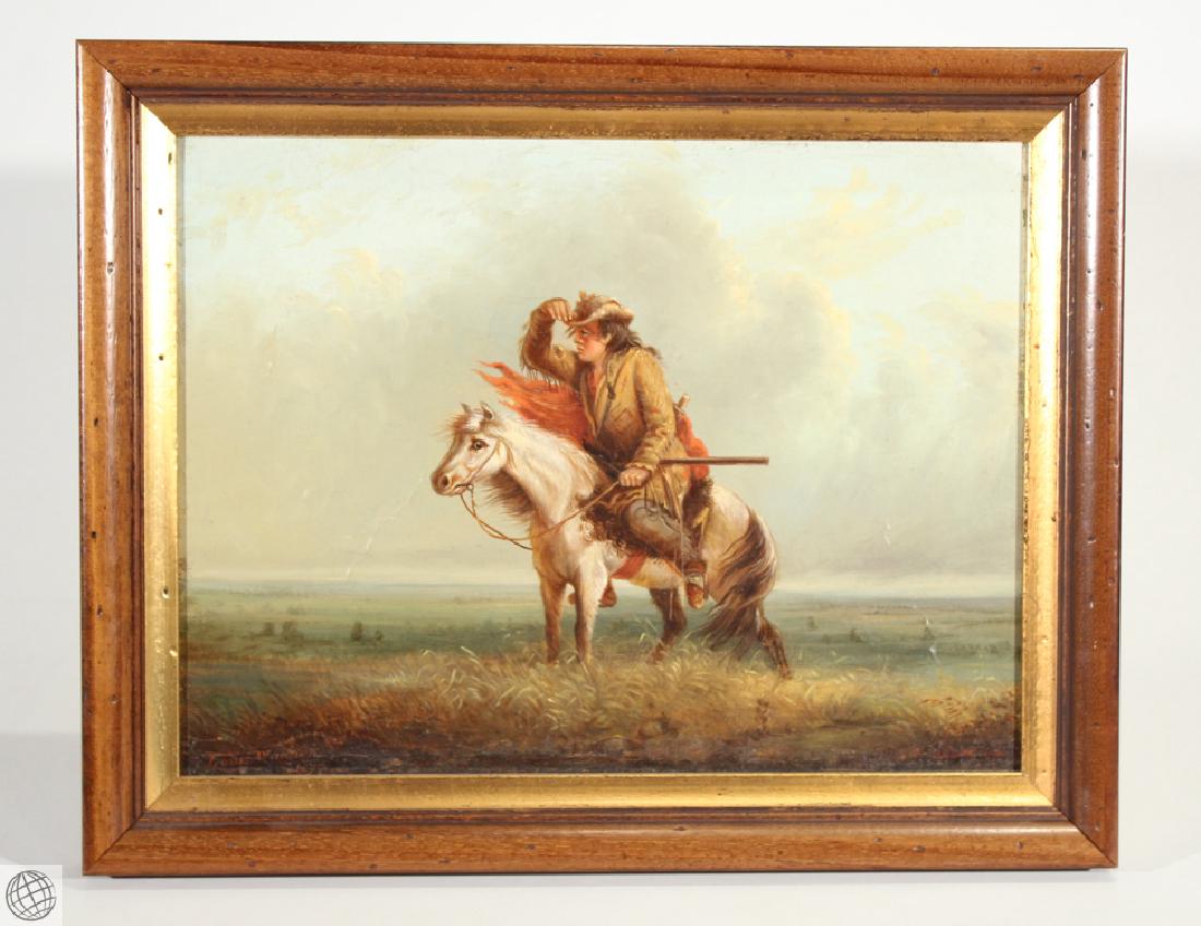 Lost On The Prairie LOUIS WAGNER 1877 Original Antique: Details: This oil on board painting of a scout on horseback in the American West is signed Louis Wagner and dated 1877. It is after a painting by Alfred Jacob Miller titled either Lost on the Prairie 