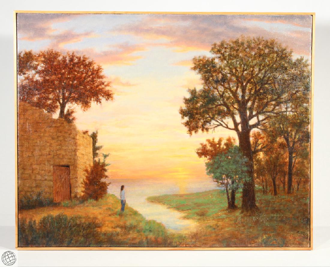 Watcher By the Ruin GEORGE RHOADS 2009 Signed Original: Details: This beautiful contemporary landscape oil on canvas painting by noted American artist George Rhoads is titled "Watcher By The Ruin," signed lower right, and dated 1994. It is framed to appro