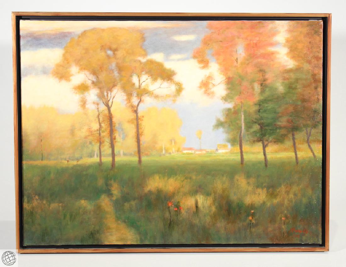 Autumn Afternoon After Inness GEORGE RHOADS 2006 Signed: Details: This beautiful contemporary landscape oil on canvas painting by noted American artist George Rhoads is titled "Autumn Afternoon (After Inness)," signed lower right, and dated 2006. It is fra