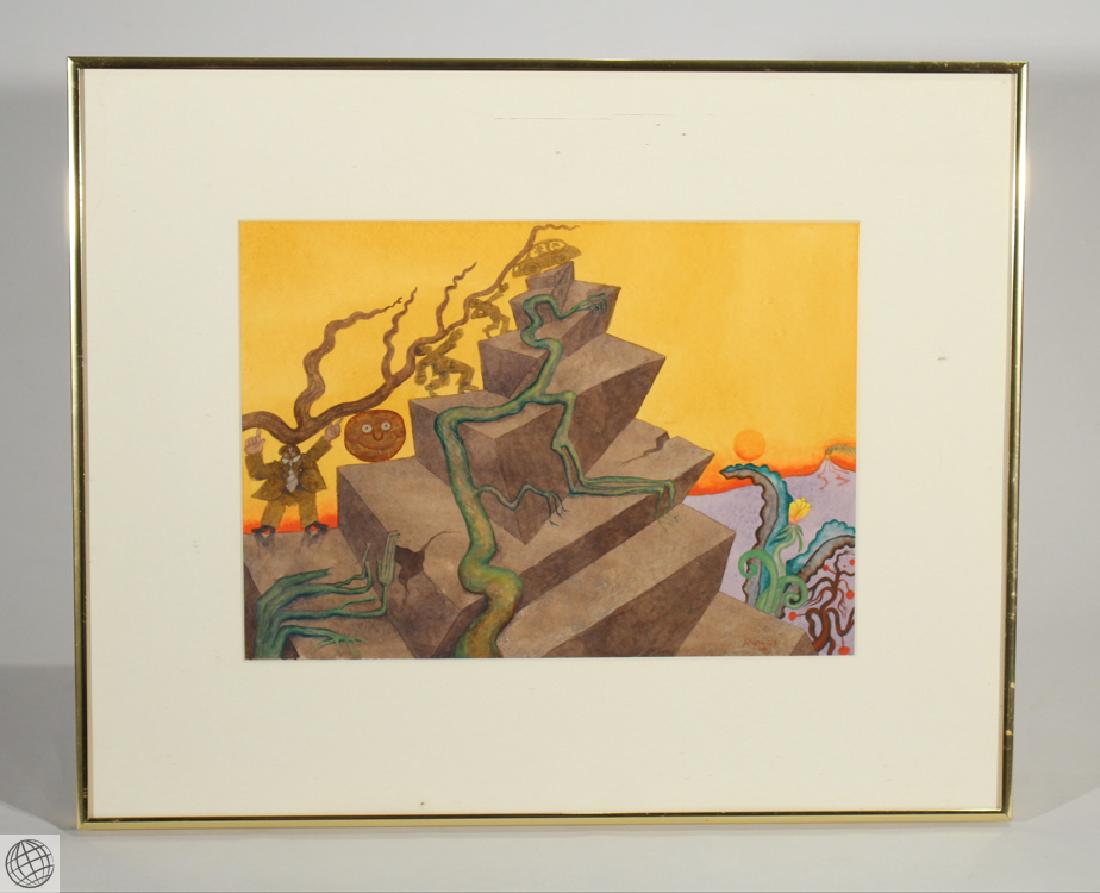 Ambition GEORGE RHOADS 1999 Signed Original: Details: This beautiful contemporary surrealist watercolor painting by noted American artist George Rhoads is titled "Ambition," signed lower right, and dated 1996. It is framed to approx. 21"x17".Ge