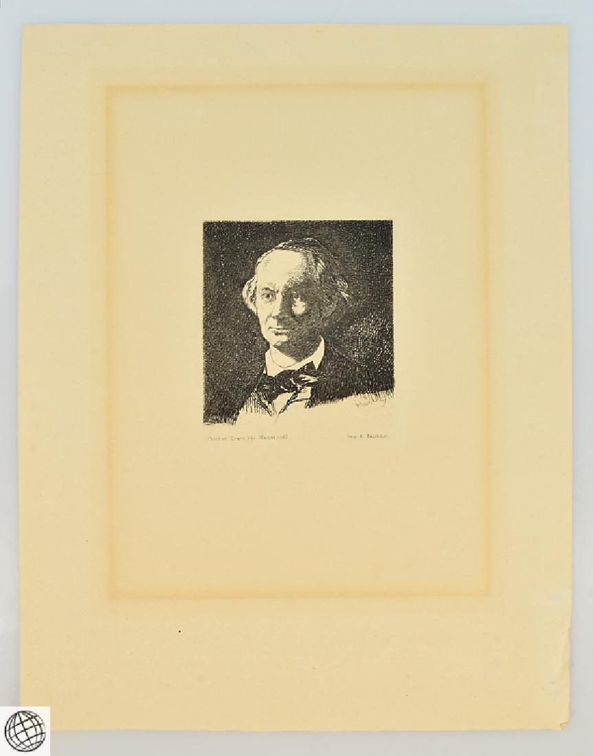 Charles Baudelaire EDOUARD MANET Plate Signed 1865: Details: This lovely etching by Edouard Manet is a portrait of Charles Baudelaire executed in 1865. A strong impression of the final state (Guerin 38) on cream laid paper, it is signed in the plate an