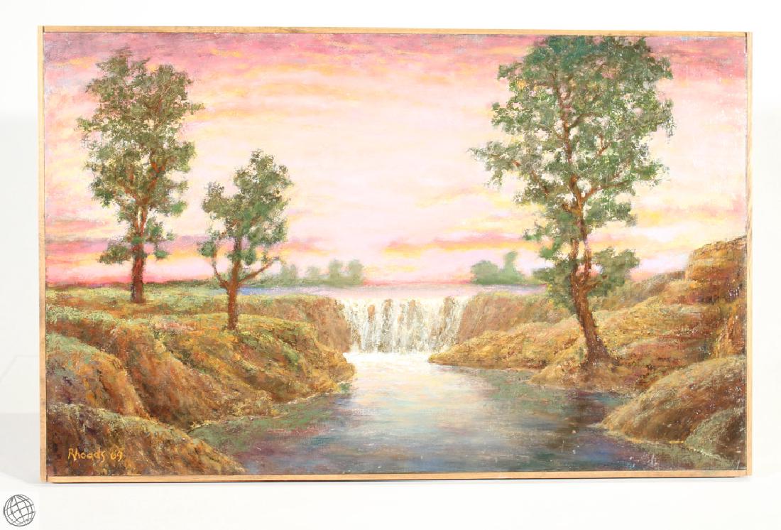 Sunset By Waterfall GEORGE RHOADS 2009 Signed Original: Details: This beautiful contemporary landscape oil on board painting by noted American artist George Rhoads is titled "Sunset By Waterfall," signed lower left, and dated 2012. It is framed to approx.