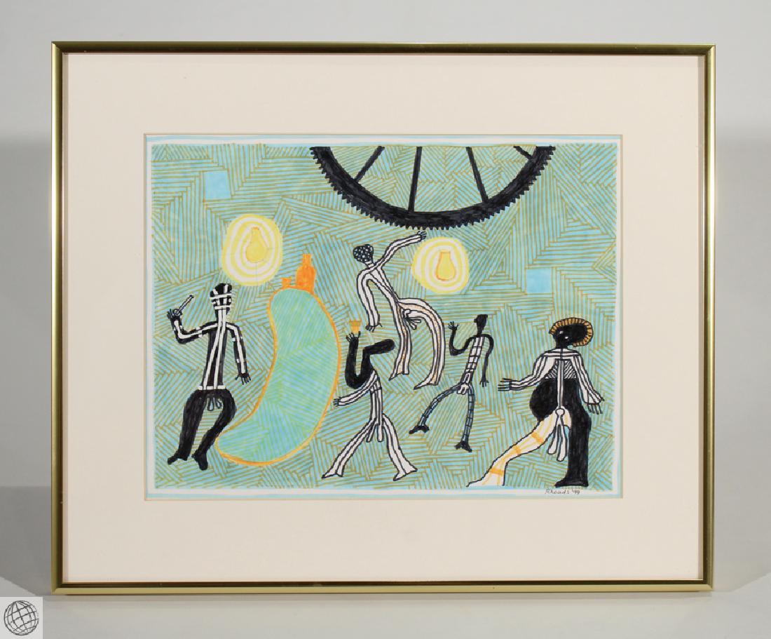 La Guinguette Bar GEORGE RHOADS 1999 Signed Original: Details: This beautiful contemporary surrealist watercolor painting by noted American artist George Rhoads is titled "La Guinguette Bar," signed lower right, and dated 1999. It is framed to approx. 1