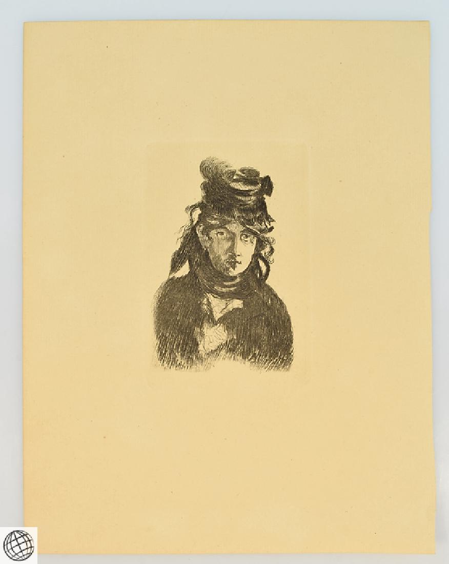 Portrait Berthe Morisot EDOUARD MANET Original Antique: Details: This lovely original etching by Edouard Manet is a portrait of fellow artist Berthe Morisot.Likely the final state (Guerin 59) from Duret's Sein Leben und Seine Kunst (1910), it is a fine im