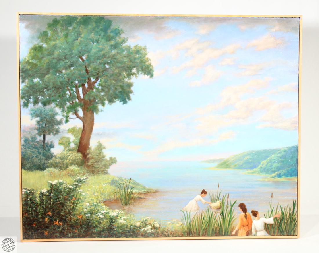 Moses Discovered GEORGE RHOADS Signed Original: Details: This beautiful contemporary landscape oil on canvas painting by noted American artist George Rhoads is titled "Moses Discovered," signed lower left, and not dated. It is framed to approx. 31