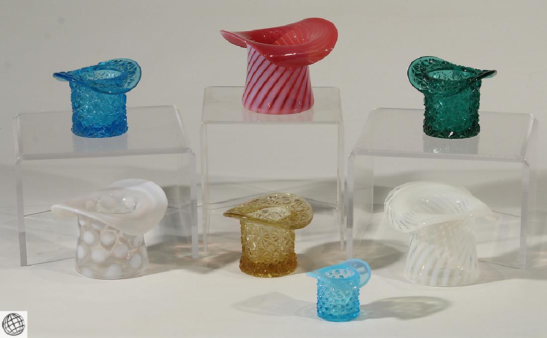 7Pcs Opalescent Hobnail COLLECTION OF VINTAGE GLASS: Details: This lot consists of the collection of vintage glass hats shown in the corresponding images. Among the pieces in this lot are a cranberry swirl, white opalescent swirl, white coin dot, daisy 