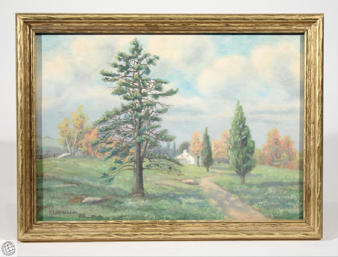 Winthrop Maine F.L. ROBINSON 1926 Original Oil Board: Details: This oil on board landscape painting is signed F.L. Robinson and inscribed "Winthrop Maine Sept 10 1926 Friday" on verso. It is attractively framed to approx. 15"x11" overall. Please attend o
