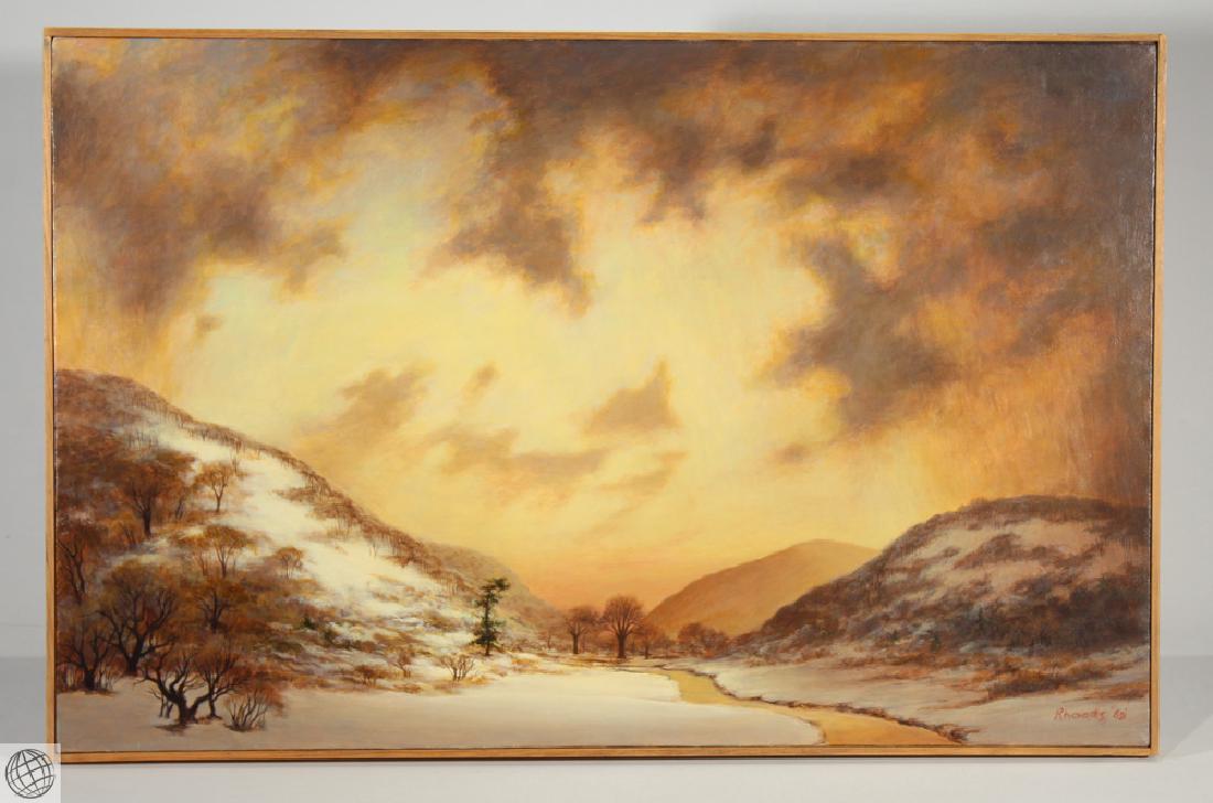 Blizzard in Dryden Valley GEORGE RHOADS 1983 Signed: Details: This beautiful contemporary landscape oil on canvas painting by noted American artist George Rhoads is titled "Blizzard in Dryden Valley," signed lower left, and dated 1983. It is framed to