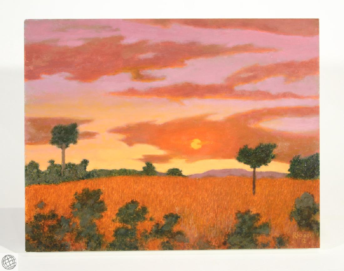 Sunset Over Cornfield GEORGE RHOADS 2012 Signed: Details: This beautiful contemporary landscape oil on board painting by noted American artist George Rhoads is titled "Sunset Over Cornfield," signed lower left, and dated 2012. It is framed to appro