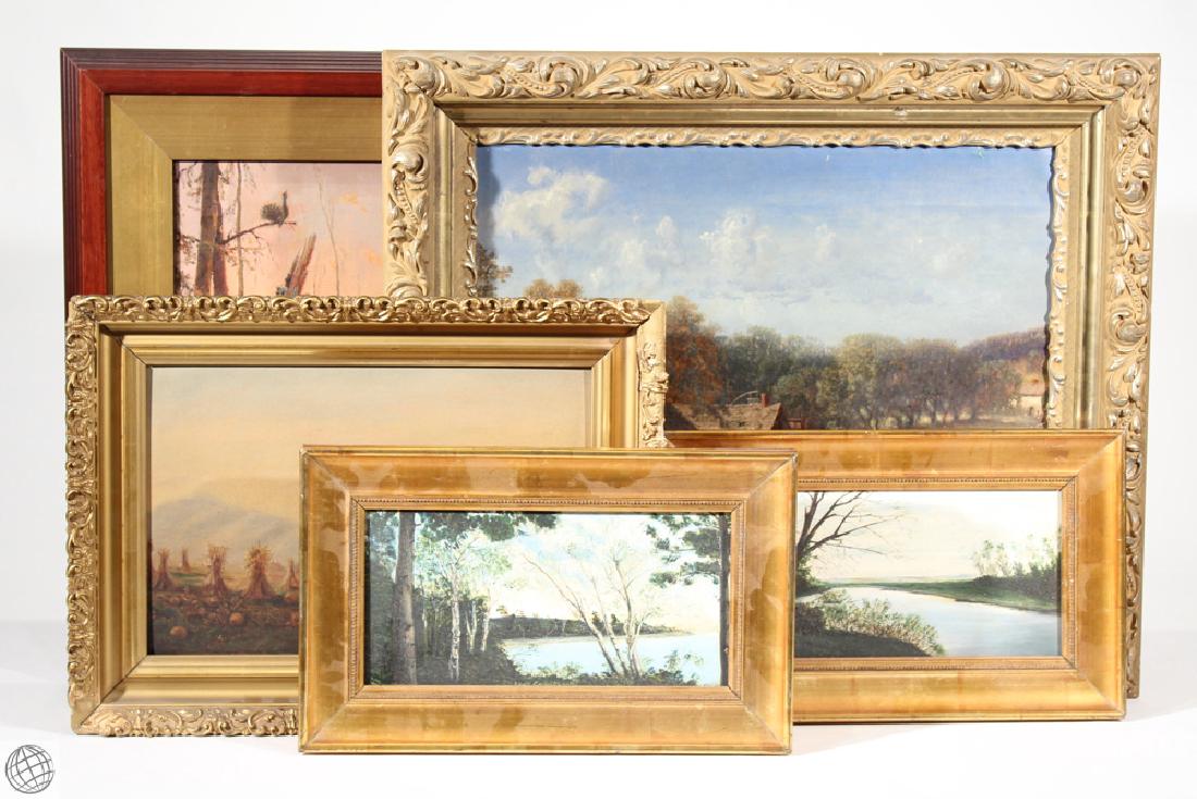 Baumbeg King Verne Shilton ANTIQUE LANDSCAPE OIL: Details: This select group lot comprises the following original antique landscape oil paintings: Hunter in a swamp at sunrise, signed illegibly (H. Baumbeg or a Cyrillic name?) Saw Mill at Owasco, att
