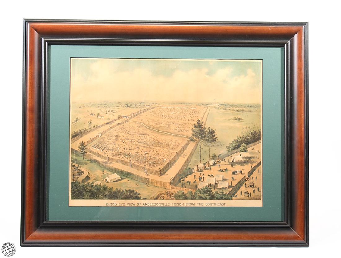 Rare Antique Color Lithograph ANDERSONVILLE PRISON: Details: This rare color lithograph by J.W. Morton Junior dates from circa 1890 and depicts the infamous Georgia Confederate military stockade at Andersonville. This original print shows the double wa