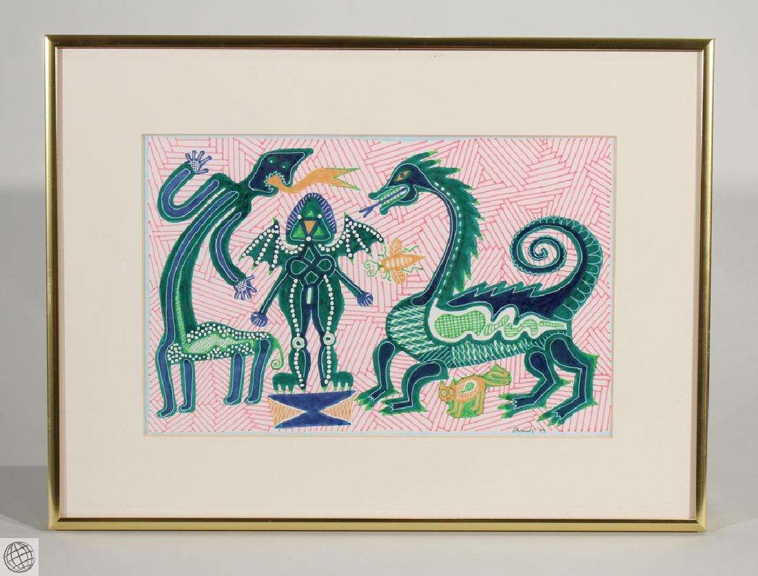 Green Demons GEORGE RHOADS 1999 Signed Original: Details: This beautiful contemporary surrealist watercolor painting by noted American artist George Rhoads is titled "Green Demons," signed lower right, and dated 1999. It is framed to approx. 15"x11