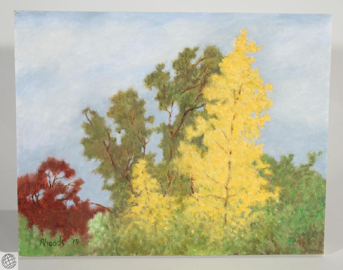 Autumn Tree Tops GEORGE RHOADS 2014 Signed Original: Details: This beautiful contemporary landscape oil on board painting by noted American artist George Rhoads is titled "Autumn Tree Tops," signed lower left, and dated 2014. It is framed to approx. 14