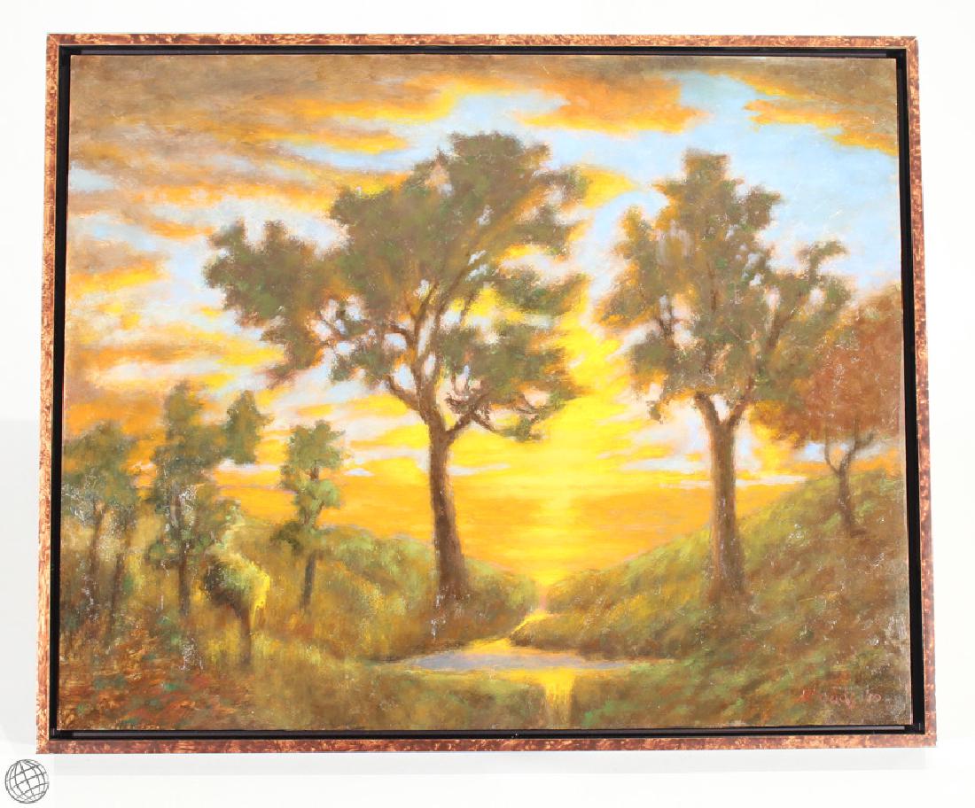 Yellow Sunset GEORGE RHOADS 2010 Signed Original: Details: This beautiful contemporary landscape oil on board painting by noted American artist George Rhoads is titled "Yellow Sunset," signed lower right, and dated 2010. It is framed to approx. 21"x