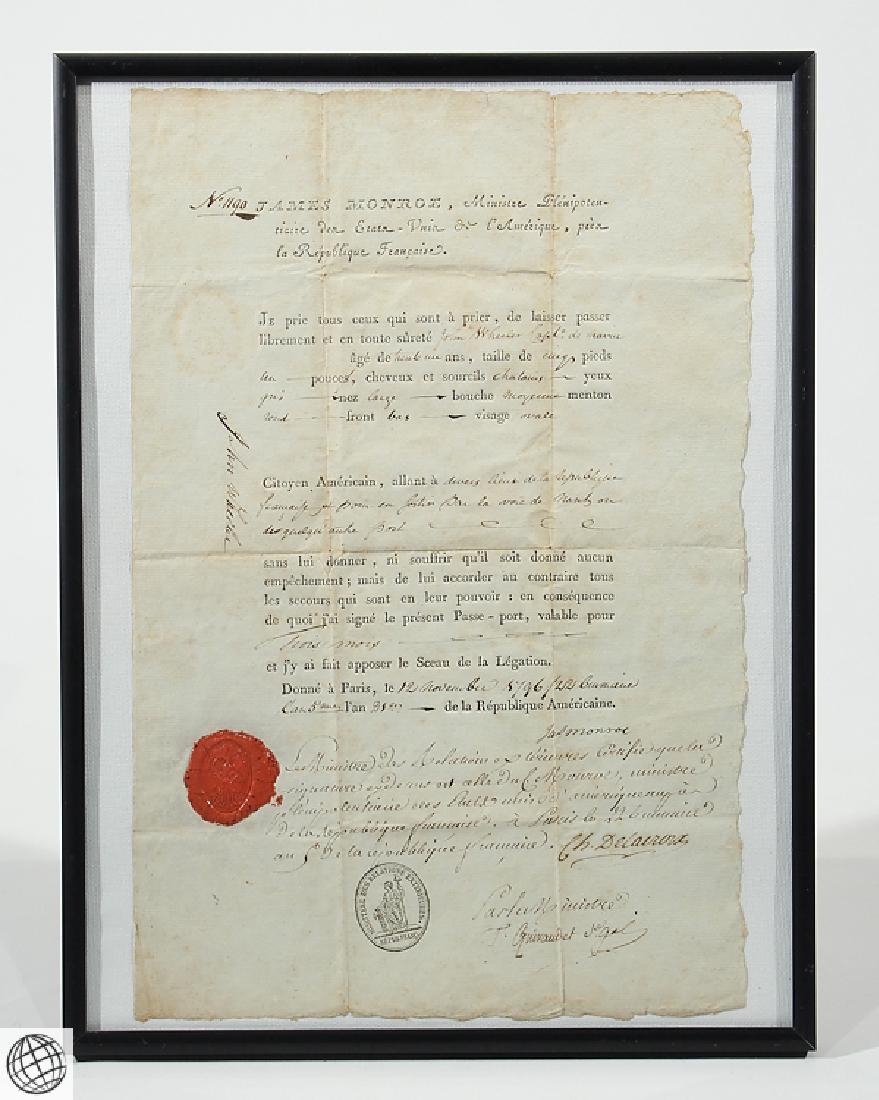 French US Passport SIGNED JAMES MONROE 1796 Minister: Details: This partially printed French passport document signed by James Monroe as United States Minister to France allows American citizen and naval captain John Wheeler to pass "freely and with all 
