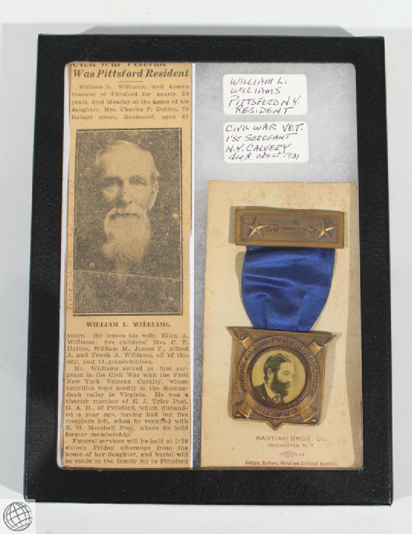 Antique IDENTIFIED CIVIL WAR VETERAN REUNION BADGE: Details: This lot consists of a framed medal identified to Civil War Veteran William L. Williams, a Pittsford resident who was in the NY Cavalry. It is displayed in a shadow box with a copy of his obi