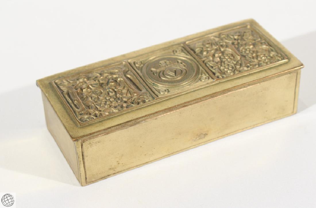 Vintage DECORATIVE TIFFANY STUDIOS BRASS BOX Cedar: Details: Vintage Decorative Tiffany Studios Solid Brass Box with Cedar Lining. Measuring 5" in length by 2 1/4" wide by 1 1/4" tall. This handsome Tiffany Studios match safe box / cigar holder shows n