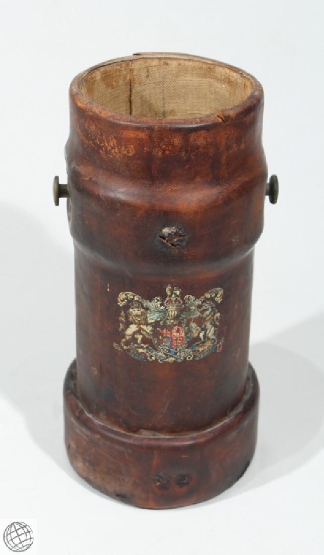 Antique British Navy CLARKSONS CASE CORDITE BUCKET: Details: This lot consists of an antique Clarkson's case from circa 1920's-1930's. It is lined with canvas and the exterior is leather. This case in particular has an "N" stamped on the front for Navy