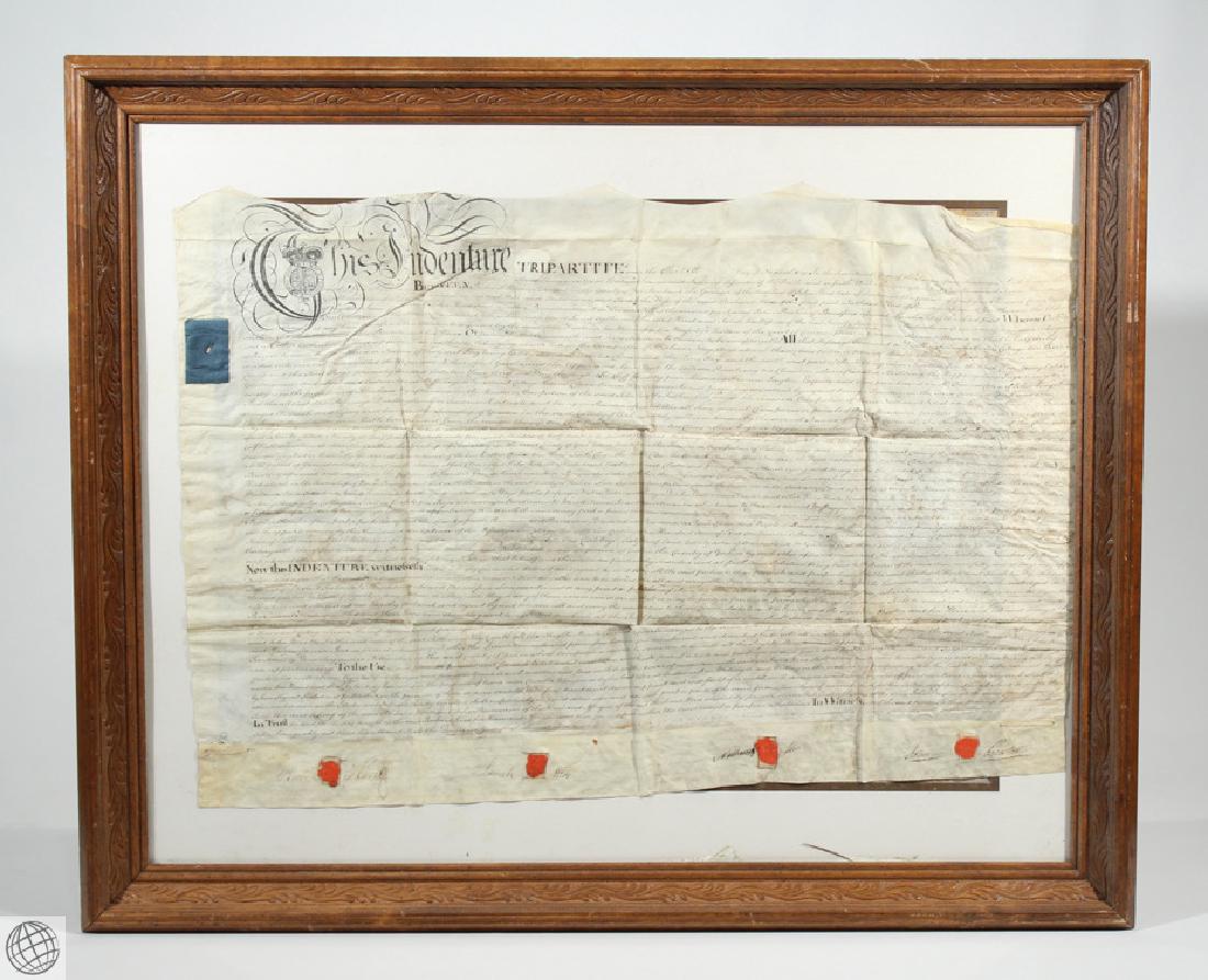 Hand Calligraphed VELLUM INDENTURE 1777 George III: Details: This large hand calligraphed vellum indenture was executed August 30, 1777 and implicated Richard Hird, Sarah Hird, Nathaniel Hird, and John Preston of Bradford in the County of York. It bear