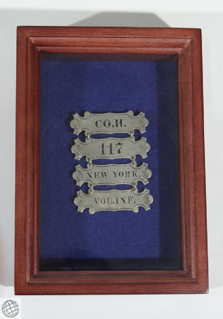 Civil War Veteran NY REGIMENT LADDER BADGE PIN Antique: Details: This lot consists of a Civil War Veterans ladder badge or shield for Company H of the 117 New York Volunteer Infantry mounted on blue felt in a wooden shadow box. The four bar badge has a sol