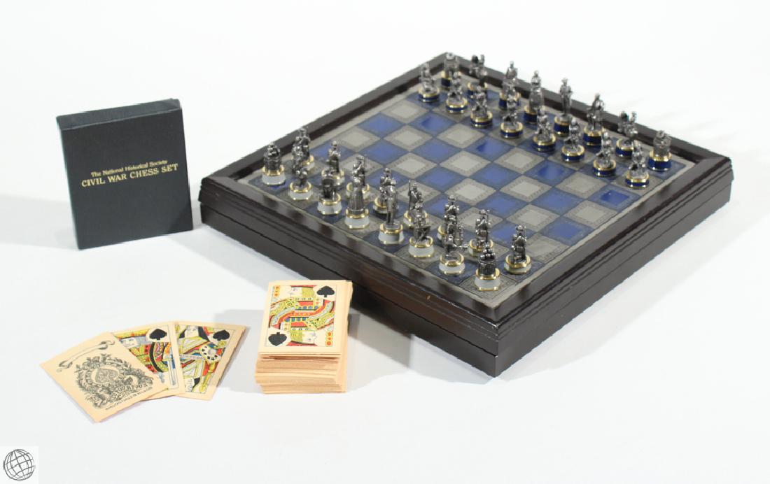 54Pcs Classic Games CIVIL WAR CHESS SET 1983 AND: Details: 54Pcs This lot consists of a 52-piece playing card set and an intact Civil War Chess Set from The National Historical Society. The cards are printed on rough thick paper. The design features 