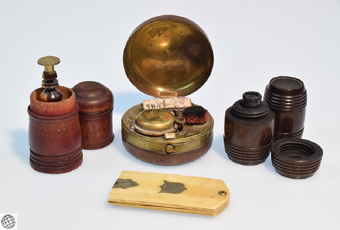 5Pcs Antique Travel Correspondence BONE AGENDA NOTEBOOK: Details: 5Pcs This lot consists of antique travel or campaign writing necessities and includes a blotting kit and glass ink pot in a round leather travel case with decorative interior, a small bone no